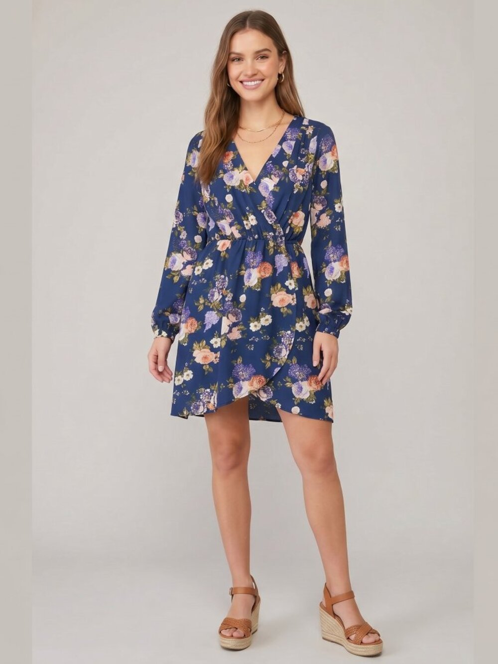 Lulus Navy Blue Floral Long Sleeve Faux Wrap Tulip Hem Mini Dress M - Picture 2 of 12